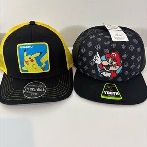 Bundle of 2 Youth Hats Pokémon Super Mario Brothers OSFM NWT NWOT Casual Boy